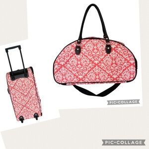 DAMASK FLORAL WHEELED 21” CARRY-ON DUFFEL & MATCHING HANGING COSMETIC BAG